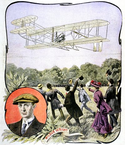 Primeiro vôo de Wilbur Wrights na Europa na pista de Hanaudieres, perto de Le Mans, França, 1908 de Unbekannt