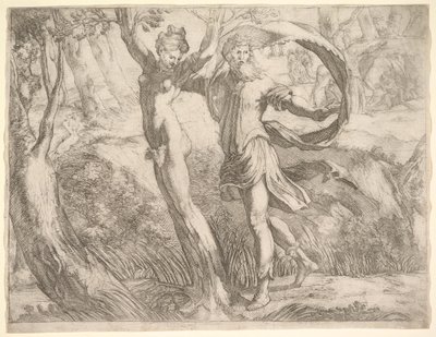 Álbum Wilton, folha 10a: Priapus e Lotis, ca. 1530-50. de Unbekannt