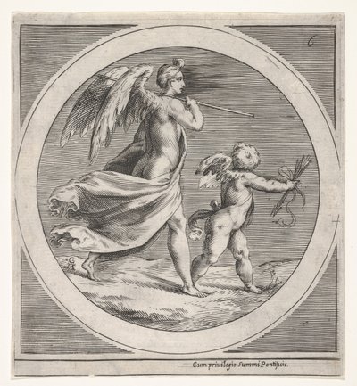 Figura feminina alada, drapejada e carregando um cajado, caminhando atrás de um putto alado..., c. 1550-1600. de Unbekannt