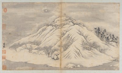 Paisagem de inverno: uma colina iluminada pela lua e edifícios, dinastia Qing, século XVIII. de Unbekannt