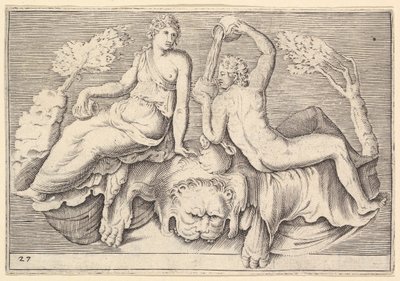 Mulher e homem sentado em Lionskin, Man Douring Wine, publicado ca. 1599-1622. de Unbekannt