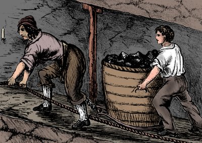 Mulher e menino trabalhando em uma mina de carvão, Bolton, Lancashire, 1848 de Unbekannt