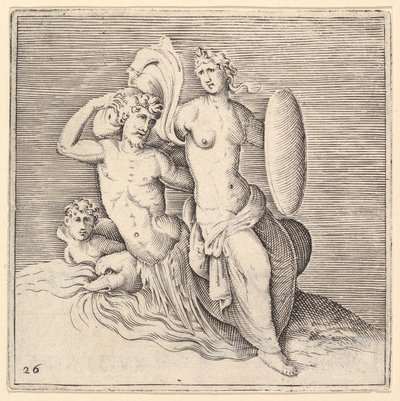 Mulher com escudo sentado em Seamonster, publicado ca. 1599-1622. de Unbekannt
