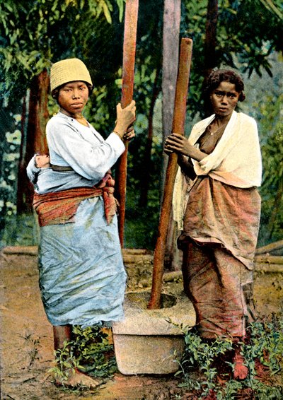 Mulheres batendo arroz, Madagascar, final do século XIX de Unbekannt