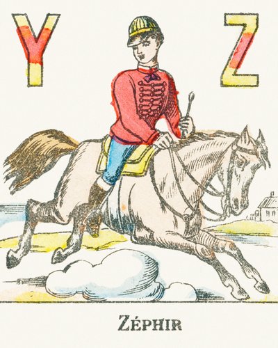 Z: Zephir, um cavaleiro galopando em seu cavalo chamado Zephyr - Games Alphabet, c.1890 (gravura) de Unbekannt
