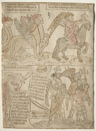página do Apocalipse Os Gafanhotos com o Anjo do Abismo e a Sexta Trombeta, de 1400. de Unbekannt