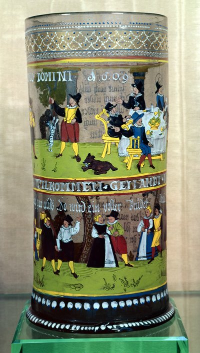 Um Humpen alemão esmaltado, datado de 1609, decorado com cenas de celebração de Unbekannt Unbekannt