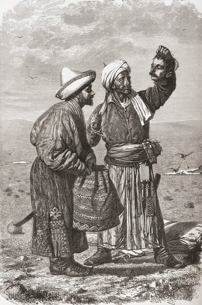Um soldado afegão segurando a cabeça decepada de seu inimigo, ilustração de "O mundo nas mãos", gravado por Gauchard e Charles Barbant (d.1922), publicado em 1878 de Unbekannt Unbekannt