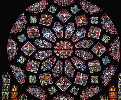 Glorificação da Virgem Maria, mostrando os braços de Blanche de Castela abaixo da rosácea rosa norte, c.1223 de Unbekannt Unbekannt