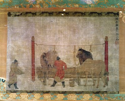 Pendurado, representando noivos alimentando cavalos, tinta e aquarela em seda, atribuída a Jen Jen-Far, chinês, século XIV de Unbekannt Unbekannt
