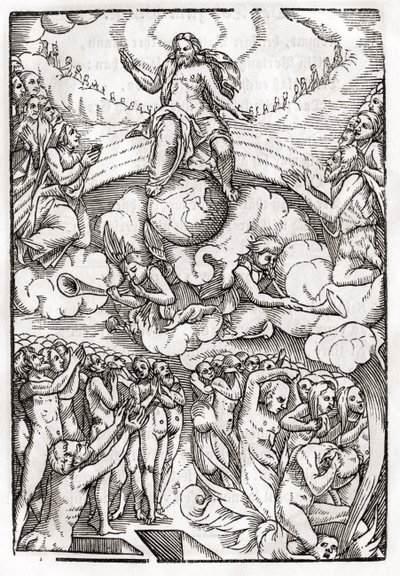O Juízo Final, baseado em uma xilogravura de Hans Holbein (149798-1543), o Jovem, de &39;Der Todten Tanz&39;, publicou Basel, 1843 de Unbekannt Unbekannt