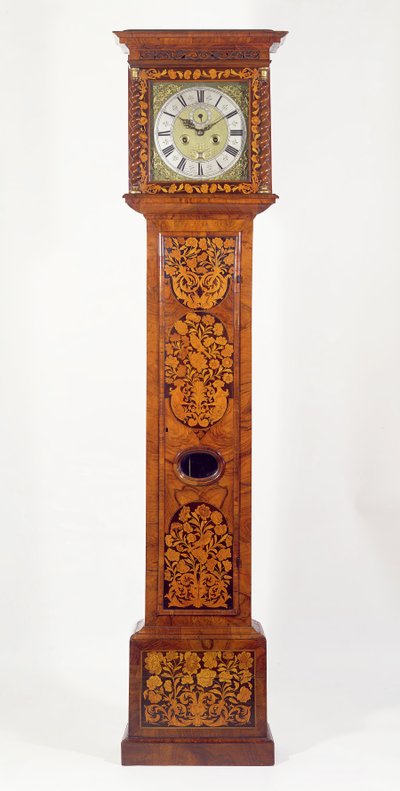 Relógio de longa duração em marchetaria com painel de nogueira, por James Clowes (fl.1671-89) de Unbekannt Unbekannt