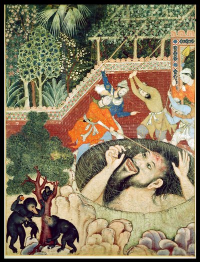 Zumrud Shah cai em um buraco e é espancado por jardineiros, do Hamzanama (Livro de Hamza), da Índia ou do Paquistão, c.1562-77 (wc opaco no algodão) de Unbekannt Unbekannt