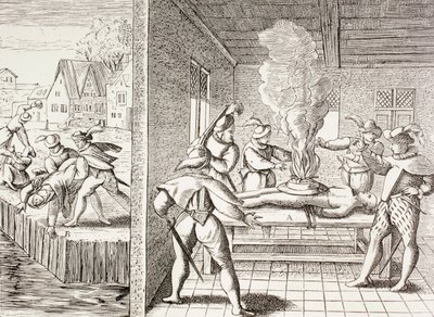 Propaganda do século XVI ilustrando a violência dos Gueux contra os católicos, de "Military and Religious Life in the Middle Ages" de Paul Lacroix publicado em Londres por volta de 1880 de Unbekannt