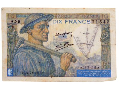 1942 10-franc nota de Unbekannter Künstler