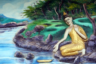 20151029, Vientiane, Laos : Wat templo budista Inpeng. Pintura retratando a história de vida de Shakyamuni Buda. Banhos no rio. de Unbekannt
