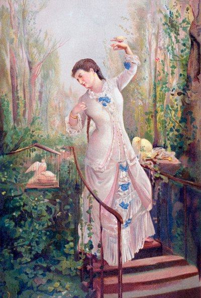 Uma mulher do século XIX num jardim com rolinhas, depois do quadro La Tórtola Madre, de Ramon Marti y Alsina, de 