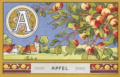 R: Apfel - Alfabeto Palmin. Série de cromolitógrafos publicada por H. Schlinck & Cie, Hamburg, n.d. . Anúncio para Palmin feinstes Cocosfett. Tamanho : 7 x 11 cm de Unbekannter Künstler