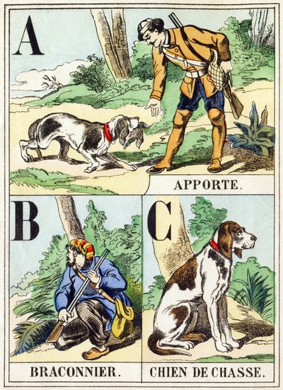 A B C: Trazer, caçador furtivo, cão de caça - O alfabeto de caça, c.1890 (gravura) de Unbekannt