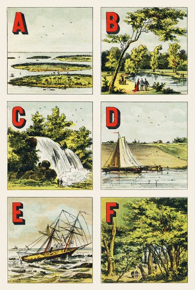 A B C D E F : arquipélago, Bois de Boulogne, cascata, dique, floresta de Fontainebleau - Gravura extraída da geografia alfabética. Guerin-Muller et Cie, editeurs, Paris de Unbekannt