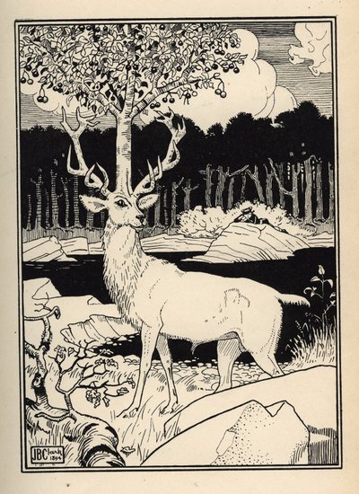 Uma cerejeira na cabeça de um veado tocada pelos caroços de cerejas lanças do Barão de Munchausen Ilustração de William Strang (1859-1921) e JB Clark tirada de "As Aventuras do Barão de Munchausen (Munchhausen) de Rudolf Erich Raspe (1736- de Unbekannt