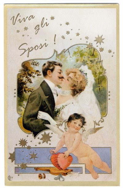 Um casal de recém-casados a beijar-se. "Viva os maridos"" Cartão postal de cerca de 1901. de Unbekannter Künstler