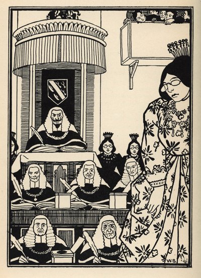 Uma corte em grande parte feminina parece ao Barão uma ironia digna de menção entre as suas aventuras. Ilustração de William Strang (1859-1921) e JB Clark de "The Adventures of the Baron of Munchausen (Munchhausen)" de Rudolf Erich Raspe (1736-1794) (1789) de Unbekannt