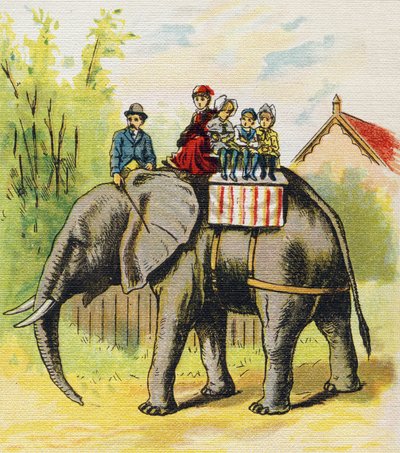 Uma família sentada em cima de um elefante. Gravação em "ABC L