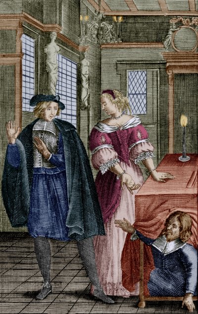 Cena da peça "Tartufo" de Molière (1664) com Orgon (debaixo da mesa), Elmire, sua mulher, e Tartufo, gravura de Unbekannter Künstler