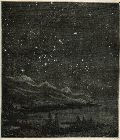 Uma noite estrelada perfeita para observar o céu. Gravura de "Les étoiles et les autres curiosites du ciel" do Camille Flammarion. de Unbekannter Künstler
