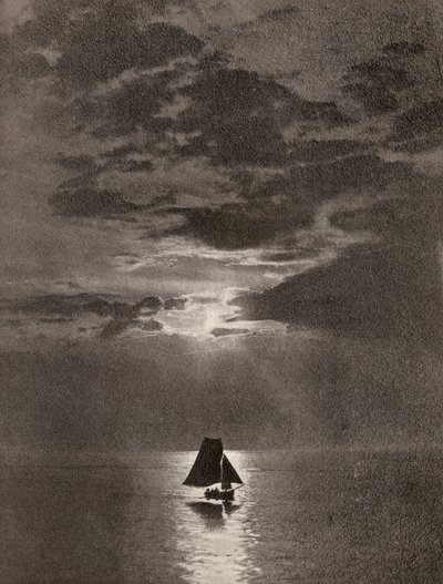 Um trecho de oceano ao luar com um veleiro de Unbekannter Künstler