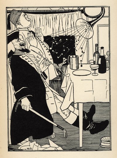 Uma trombeta que tinha congelado, produz sons por si só quando aquece, tem a diversão e o espanto de toda Ilustração de William Strang (1859-1921) e JB Clark de "The Adventures of the Baron of Munchausen (Munchhausen)" de Rudolf Erich Raspe (1736- de Unbekannt