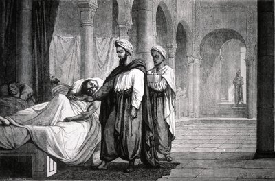 Abulcasis (936-1013), médico do califa Al-HakamII, no hospital de Córdova (Espanha), gravura de Unbekannter Künstler
