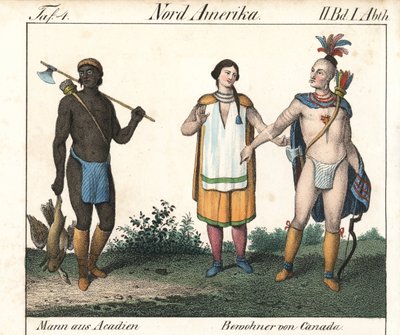 Homem acadiano com o corpo tatuado e um casal de índios canadianos. Litografia para o livro: "Galerie complete en tableaux fideles des peuples d