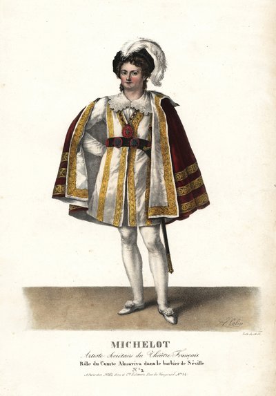 O ator Pierre Marie Nicolas Michelot no papel de Comte Almaviva em Le Barbier de Seville de Pierre Beaumarchais, Theatre Français. Litografia colorida à mão por F. Noel a partir de uma ilustração de Alexandre-Marie Colin de Portraits d