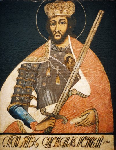 Alexander Nevsky retratado como um santo guerreiro num retrato por um Artista Desconhecido do início do século XVIII, declara o seu Museu de História, Moscovo. de Unbekannter Künstler