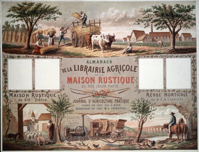 Almanaque ilustrando métodos tradicionais e modernos de agricultura. c.1870-80 (litografia a cores) de Unbekannter Künstler