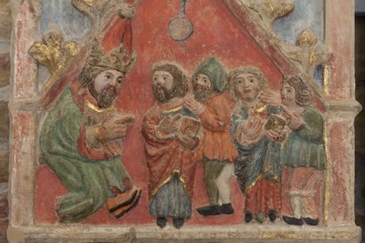 Peça de altar. Pedra policromada. Segunda metade do século XIV. Origem antiga igreja paroquial de Torre de Rialb. Pormenor. Registo médio. Painel esquerdo. Parte superior: os Santos Iscle e Victoria com os oficiais. de Unbekannt