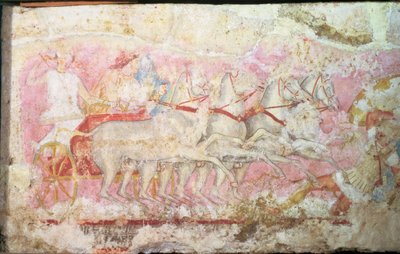 Amazonas conduzindo uma carruagem, detalhe do lado do sarcófago das Amazonas, Tarquinia, século IV a.C. (tempera em alabastro) (detalhe de 85168) de Unbekannt