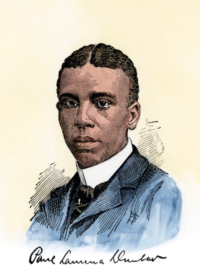 Poeta americano Paul Lawrence Dunbar (1872-1906), com o seu autógrafo. Xilogravura colorida à mão de uma ilustração do século XIX de Unbekannter Künstler