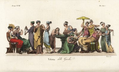 Antigas mulheres gregas na sua casa de banho: lavar o cabelo com uma fonte, experimentar roupa, arranjar o cabelo, admirar um colar, etc., gravura em chapa de cobre colorida à mão por Sasso depois de uma pintura de Pelagio Palagi de Giulio Ferrario