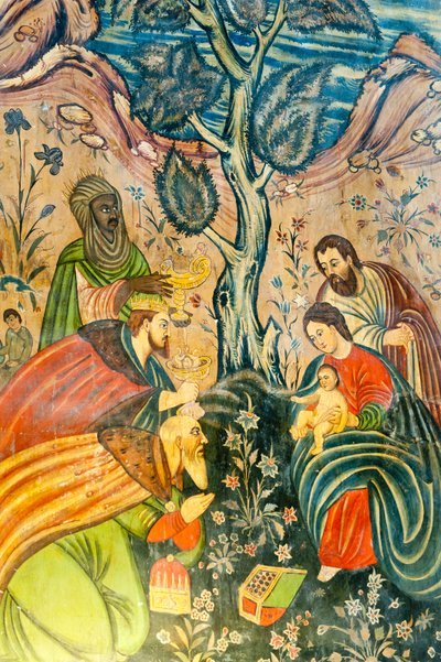 Igreja Apostólica Armênia; Mural; Adoração dos Magos; Jesus Cristo; Maria e José; os Três Reis Magos dão dons; Igreja de Belém ou Igreja Bedkhem; distrito de Julfa ou Jolfa; Isfahan; Irã; Ásia de Unbekannt