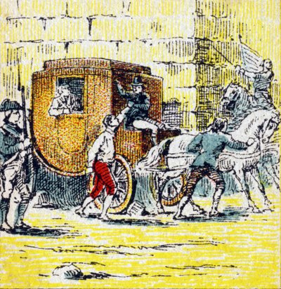 Prisão de Luís XVI e da sua família em fuga em Varennes a 21 de Junho de 1791. Gravura no "Histoire de France". Série de imagens publicitárias publicadas em nome de Louit, 24 rue d