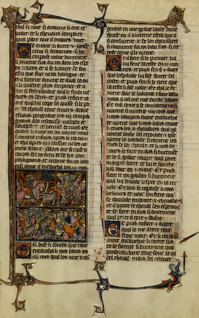 Lenda arturiana (busca do Santo Graal): Benoic persegue o Saxão e a batalha de Danablaise são duas iluminuras extraídas do manuscrito História de Merlim, datado do século XIII entre 1280-1290 de Unbekannter Künstler