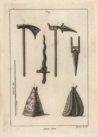 Armas asiáticas: machado de batalha 1, punhal 2, machado de batalha Rohilla 3, crista indiana ou kris 3, e frasco de pólvora oriental 5,6 de Unbekannt