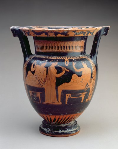 Krater de coluna de sótão com uma cena de Simpósio de um flautista entre dois machos reclináveis, grego, c.420 BC (olaria) de Unbekannt