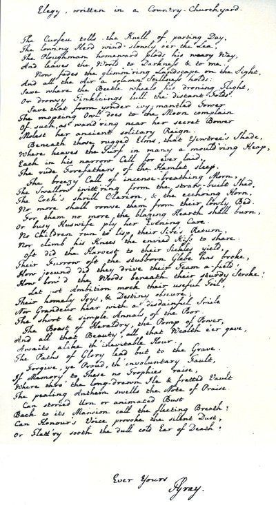 Cópia de autógrafo na caligrafia do poeta Thomas Gray, do seu poema "Elegy escrita num pátio de igreja campestre". de Unbekannt