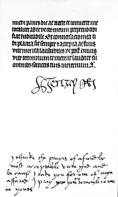 Assinatura de autógrafo do rei Henrique VIII e inscrição na mão da sua esposa, a rainha Catarina de Aragão (caneta e tinta em velino) (ver também 441029) de Unbekannt