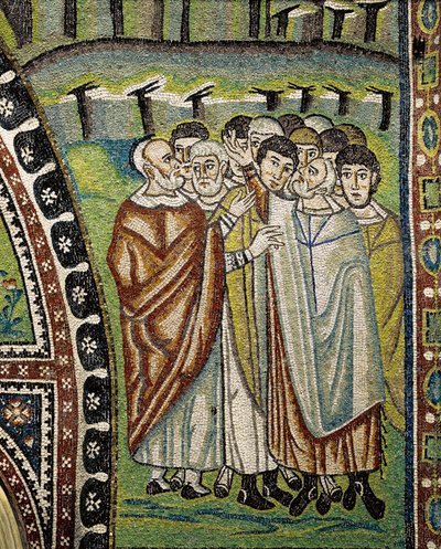 Basílica de San Vitale, Detalhe de mosaicos lunares acima da entrada do ambulatório representando os líderes Aaron de doze tribos de Israel, Ravenna, Emilia-Romagna, Itália de William M. Timlin