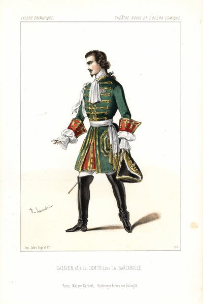 O baixo-barítono Edouard Gassier no papel do Conde em La Barcarolle de Auber, Ópera Comique de Unbekannter Künstler
